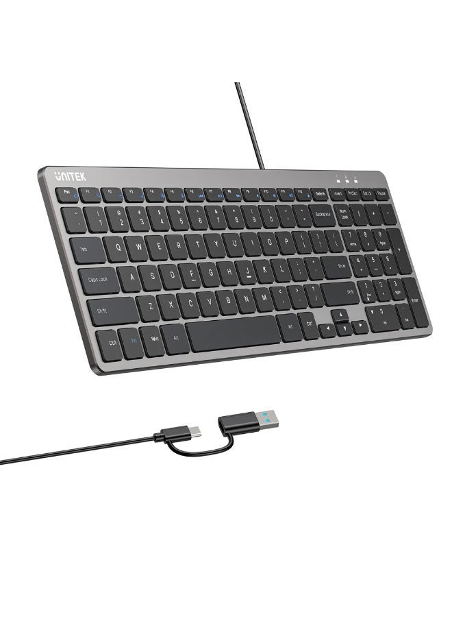 يوني تيك SlimTap Ultra Light 99-Key Wired Keyboard – Silent Scissor Keys, USB-C/A, Ergonomic Top-Raising Design (English/Arabic) - Image 1